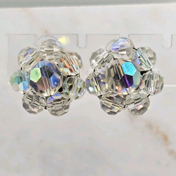 Flower Artisan Earrings Aurora Borealis Coated Beads Vintage Clip On Silver Tone - Picture 1 of 7